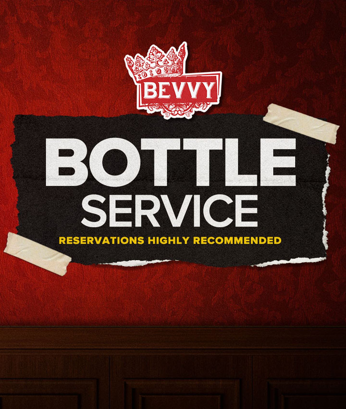 Bevvy Logo and Bold Bottle Service Title. Reservations Highly Recommended. Flanked by Two Women in Lingerie Smiling Toward Camera